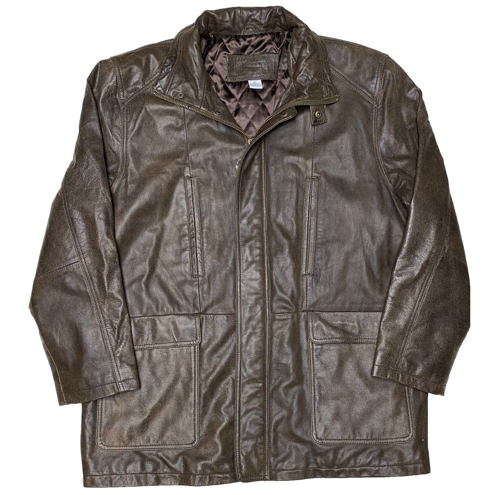 Wallance H Quilted Pebbled Soft Brown Leather Coat Jacket XL Mid-Length